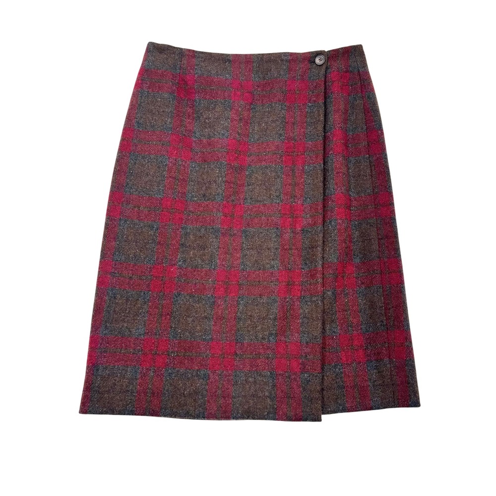 Vtg CH Bass Co Plaid Wrap Skirt‎ Wool Midi Red Brown Tartan Heritage Academia